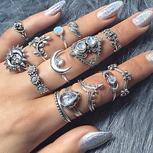 Conjunto de anillos Midi Punk de Color plateado para mujer, 14 unids/set/Set, bohemio, Vintage, luna de cristal, flor, hojas, gota de agua, pendientes irregulares para mujer 2024 - compra barato