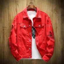 Autumn New Men's Jean Jacket Slim Fit Cotton Denim Jacket Red White Black Ripped Hole Jean Coats Men Cowboy Youth Men 5XL 2024 - buy cheap
