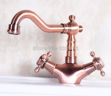 Antique Red Copper Bathroom Basin Sink Faucet Swivel Spout / Vessel Sink Dual Handles Mixer Tap Deck Mount Single Hole Wnf256 2024 - buy cheap