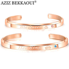 AZIZ BEKKAOUI Romantic Open Cuff Crystal Couple Bangles Her King His Queen Stainless Steel Couple Bracelets with Crown Gift 2024 - buy cheap