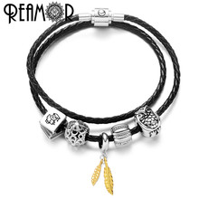 REAMOR 316l Stainless Steel Gold Plating Leaf Charm Bracelet for Women Genuine Leather Cute Owl Bracelet Bangles Women's Jewelry 2024 - buy cheap