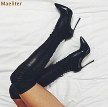 Ladies Top Brand Black PU Suede Pointed Toe Long Boots Over-the-knee Thin Metal Heels Thigh High Boots Slim Fit Bange Boots 2024 - buy cheap