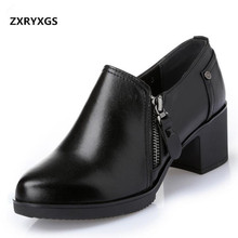 2021 Spring Autumn Cowhide Leather Shoes Woman Shoes Thick with High Heels Deep Mouth Casual Soft Bottom Women High Heel Shoes 2024 - buy cheap