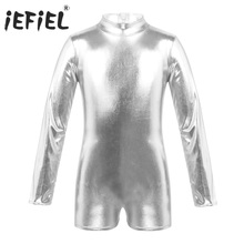 IEFiEL Crianças Meninas Trajes De Competição de Dança Unitard Metálico Brilhante Voltar Zipper Ballet Dança Ginástica Leotard Roupas Exercício 2024 - compre barato