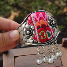Pulseira de prata miao bordada antiga artesanal original chinesa 100/% bracelete de sino vintage joias 2024 - compre barato