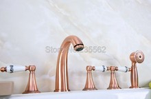 Antique Red Copper Roman Bathtub Mixer Faucet Set w/ Handheld Shower 5 Holes Tap Deck Mounted lna208 2024 - buy cheap