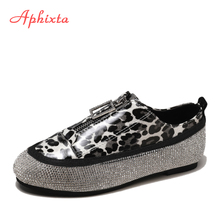 Aphixta Flats Heel Shoes Woman Leopard Patent Leather Bling Zip Ladies Loafers Shoes Crystal Flat Heels Fashion Zapatillas Mujer 2024 - buy cheap