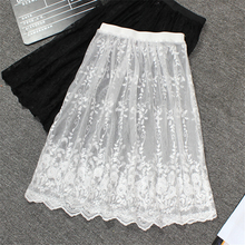 Women Sexy Floral Embroidery Lace Mesh Skirt Summer Boho Casual Vintage High Waist Skirts Hollow Out Transparent One Layer Skirt 2024 - buy cheap