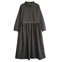 Vestido feminino liso bordado manga comprida, vestido folgado de algodão para mulheres yoyikamomo primavera outono 2019 2024 - compre barato