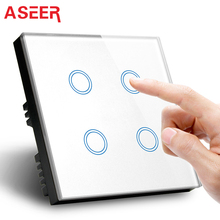 Asier-Interruptor de pantalla táctil estándar UK, 1-2-3-4 entradas, 1 vía, Blanco, Negro, Panel de vidrio dorado, fabricante de interruptor de luz de pared, sin wifi 2024 - compra barato