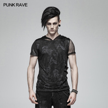 Camiseta punk rave masculina, camisa casual de manga curta com capuz de malha preta para homens, hip hop e streetwear 2024 - compre barato