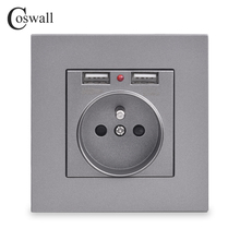Coswall-puerto de carga USB Dual, 5V, 2,1a, indicador LED, 16A, toma de corriente de pared francesa, Panel de PC, gris, negro, blanco, dorado, 4 colores 2024 - compra barato