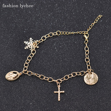 fashion lychee Gold Color Virgin Mary Snowflake Cross Metal Round Pendant Bracelet For Women Fashion Christian Jewelry 2024 - buy cheap