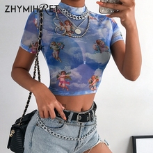 ZHYMIHRET Cupid Print Mesh Crop Top Women Black See Through Long Sleeve Mock Neck T Shirt Female Streetwear Transparent Tshirt 2024 - buy cheap