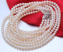Collar de perlas naturales de 4 filas, AAA4-5mm encantador, conjunto de pendientes chapados 2024 - compra barato