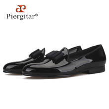 Piergitar 2019 black patent leather men handmade loafers with black bowtie Fashion Banquet and prom men dress shoes plus size 2024 - buy cheap