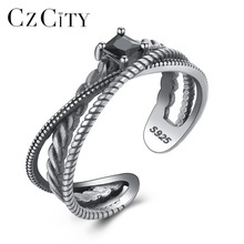 CZCITY Vintage Twisted Silver 925 Sterling Hollow Design Open Rings For Women Black Zircon Jewelry Anillos Para Las Mujeres 2018 2024 - buy cheap