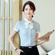 New 2019 Summer Fashion Women Blouses & Shirts Bow Tie Short Sleeve Sky Blue Office Ladies Work Wear Clothes 2024 - buy cheap