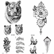 Tatuaje temporal Floral negro para mujer, pegatinas para los brazos, cuello, Tigre, transferencia al agua, tatuajes falsos de Lobo, flor de Henna 2024 - compra barato