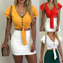 Summer Fashion Women Ruffled Short Sleeve Button Down Shirt Top Casual Lady Blouse Solid Color Crop Tops Bandage V-neck Blouses 2024 - buy cheap