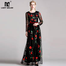 New Arrival 2020 Women's O Neck Long Sleeves Luxury Floral Embroidery Elegant Maxi Prom Runway Dresses in 2 Colors 2024 - buy cheap