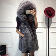 New Fur Vest Imitation Silver Fox Fur Coat Hooded Vest Vertical Stripe Medium-long Vest Large Size Women Vests Coats 2024 - buy cheap