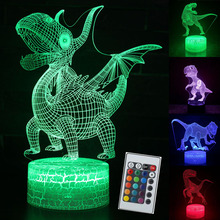 3D иллюзия динозавр огни 7 цветов LED Дистанционное управление сенсорный спальный ночник лампа светится в темноте игрушка мальчик подарок на день рождения 2024 - купить недорого