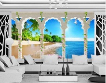 Papel tapiz 3d de paisaje, columna romana, playa, mar, árbol, mural de fondo de TV, decoración del hogar 2024 - compra barato