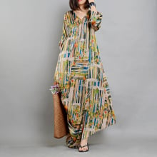 Johnature Women Floral Dress Vintage Silk V-Neck Seven Sleeve 2020 New Casual Loose Fold Women Clothing Summer Maxi Dresses 2024 - buy cheap