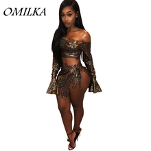OMILKA Sequin 2 Piece Set Women Crop Tops and Skirts Set 2018 Autumn Strapless Flare Sleeve Bow Bandage Club Laser Clothing Set 2024 - buy cheap