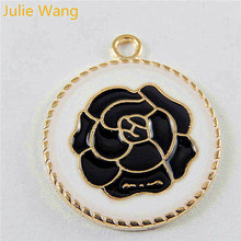 Julie Wang 6 pcs Esmalte Balck Branco Padrão de Flor Liga Encantos Tom de Ouro Brincos de Pingente de Jóias Fazendo Acessório 2024 - compre barato