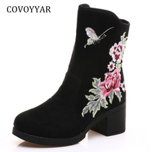 Covoyyar bordado ankle boots 2021 inverno vintage flor botas femininas rebanho conforto salto quadrado sapatos femininos plus size wbs885 2024 - compre barato