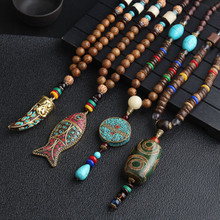 New Handmade Nepal Necklace Buddhist Mala Wood Beads Pendant & Necklace Ethnic Horn Fish Long Statement Jewelry Women Men 2024 - buy cheap