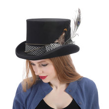 Top 15CM 4 Size Wool Black Women Men Steampunk Top Hat For Lady Handmade Fashion Feather  Fedora Cosplay Magic Hat 2024 - buy cheap