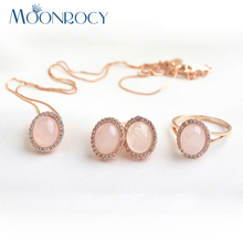 MOONROCY Free Shipping  Jewelry wholesale Rose Gold Color crystal necklace earrings and ring Opal Jewelry set for women gift 2024 - buy cheap