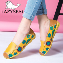Lazyselo sapato feminino de couro legítimo, mocassim com estampas florais, casual ou genuíno para mulheres, sapato mocassim macio 2024 - compre barato