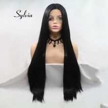 Сильвия 1B # натуральный черный парик длинные шелковистые прямые парики для женщин канекалон волосы синтетические кружева передний парик Термостойкое волокно 2024 - купить недорого
