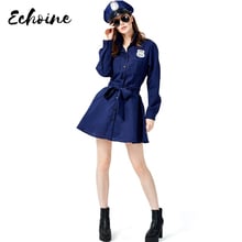 Echoine vestido azul policial, feminino, gola a, linha a, fantasia, oficial, dia das bruxas, roupas de manga longa, uniforme 2024 - compre barato