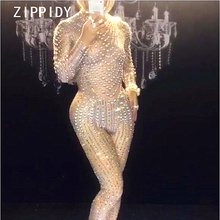 Sparkly Rhinestones Pearls Sexy Jumpsuit Nightclub DS Performance Party Celebrate Bright Bodysuit Nude Stretch One-piece Outfit 2024 - buy cheap