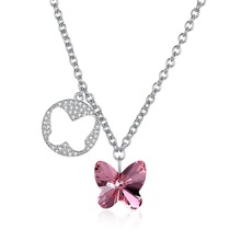 S925 Women Necklaces Romantic Brand Blue Pink Crystal Butterfly Pendant 925 Sterling Silver Necklaces for Lady Party Neck Wears 2024 - buy cheap
