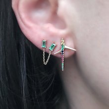Double 2 piercing stud baguette birthstone cz with tassel chain romantic fashion girl women earring 2024 - buy cheap