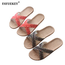 FAYUEKEY 2019 Summer Women Linen Flax Home Slippers Floor Beach Outdoor Sexy Lace Breathable Non-slip Slides Sandals Flat Shoes 2024 - buy cheap