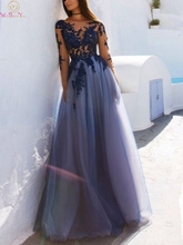 Платье с длинным рукавом и кружевной аппликацией, Элегантные Синие Длинные платья а-силуэта с овальным вырезом для формальной вечеринки, 2019 2024 - купить недорого
