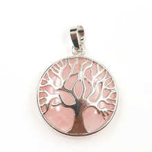 Exclusivo presente de aniversário feita a prata, árvore da vida, formato redondo, pingente natural de quartzo rosa 2024 - compre barato
