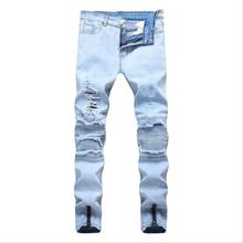 Men Light Blue Skinny Jeans Pleated Holes Long Jeans Good Quality Men Moto Biker Denim Jean Pants  Men Black Slim Jeans Size 38 2024 - buy cheap