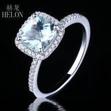HELON 7x7mm Cushion Cut 1.3ct Genuine Aquamarine 0.18ct Diamond Engagement Wedding Ring Real 14k White Gold Jewelry Women Ring 2024 - buy cheap