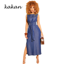 Kakan novo vestido sem mangas alta fenda das mulheres denim vestido azul escuro luz azul vestido preto 2024 - compre barato