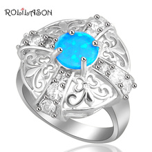 Anel folheado azul opala de fogo, anel folheado a prata para mulheres eua #7.5 #6.5 2024 - compre barato