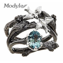 Модное Новое серебряное кольцо в виде птиц с черным листом для женщин с круглым синим австрийским кристаллом 2024 - купить недорого