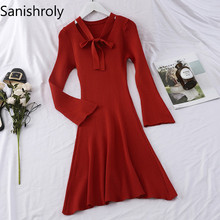 Женское трикотажное платье-свитер Sanishroly, с длинным рукавом и бантом, плиссированное платье с V-образным вырезом, Осень-зима 2018 2024 - купить недорого